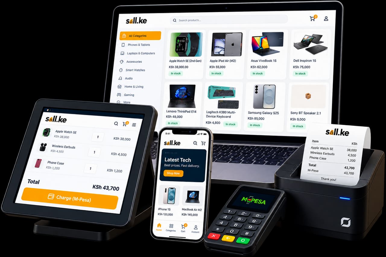 sell.ke across a shop counter: the till mid-sale, the online store open on a laptop and a phone, a payment terminal, and a receipt printer.