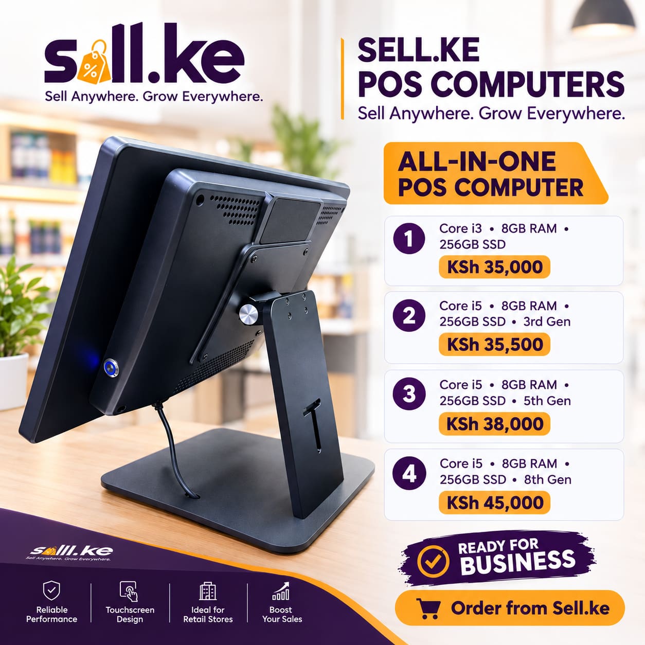 Sell.ke All-in-One POS Computer price list in Kenya — four touchscreen configurations from Core i3 at KSh 35,000 to 8th-generation Core i5 at KSh 45,000