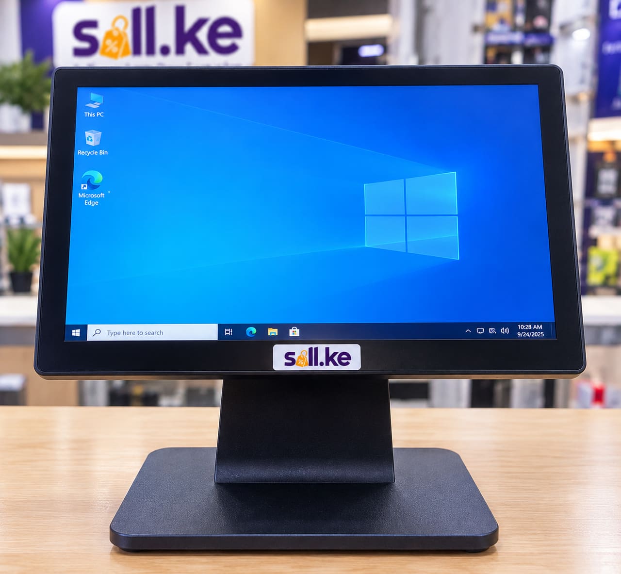 Sell.ke All-in-One POS Computer on a shop counter — touchscreen till running Windows, with the computer built into the back of the display