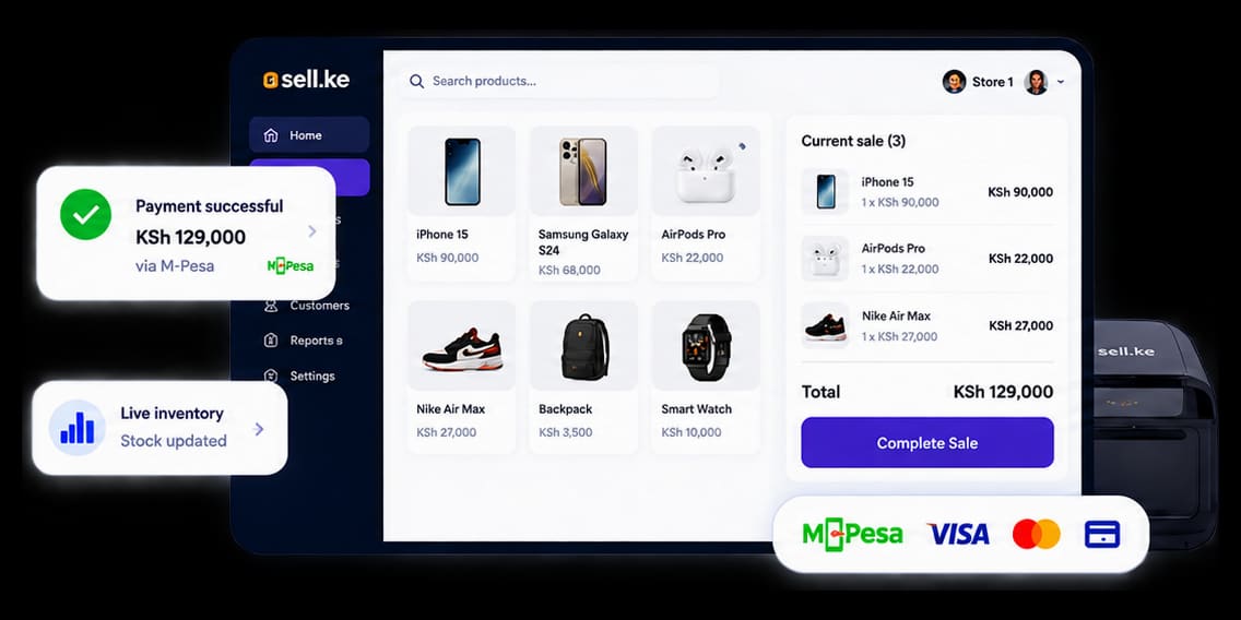 The sell.ke till ringing up a KSh 129,000 sale, with the M-Pesa payment confirmed, live stock updating, and M-Pesa, Visa and Mastercard accepted.