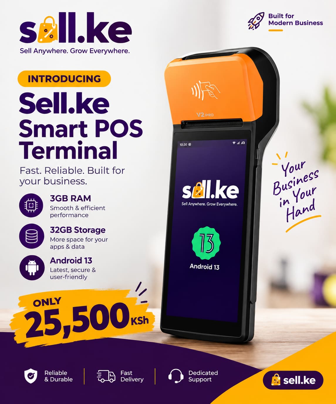 Sell.ke Smart POS Terminal — handheld Android 13 POS machine with built-in thermal receipt printer, 3GB RAM and 32GB storage, priced at KSh 25,500 in Kenya