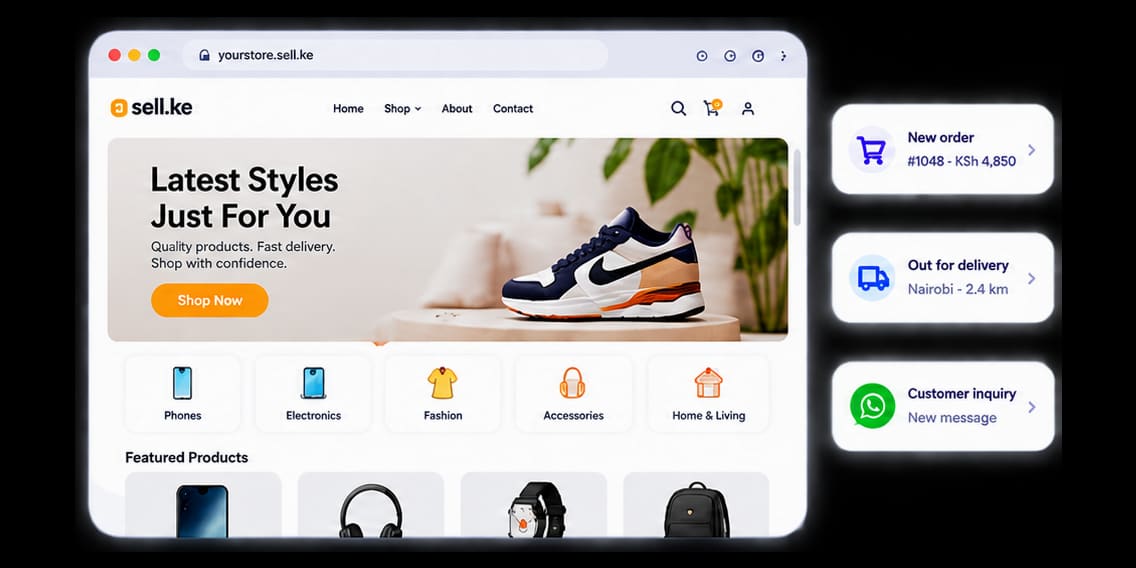 A sell.ke storefront at yourstore.sell.ke, with a new KSh 4,850 order, a delivery out for Nairobi and a customer message waiting.