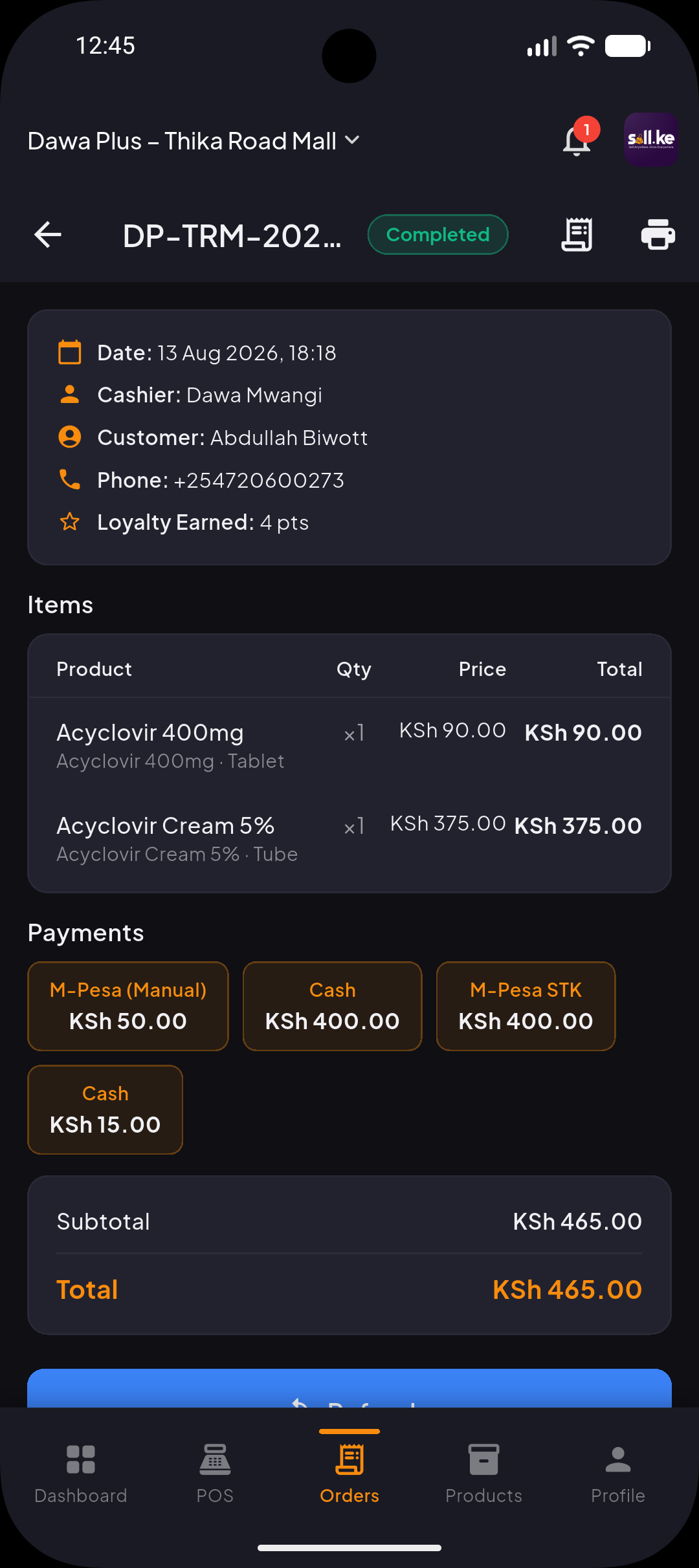 sell.ke mobile POS app — sales dashboard on an Android phone